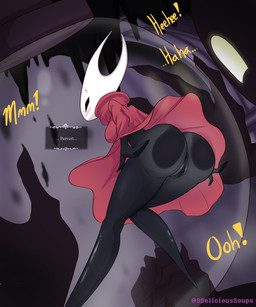 anthro anus biped black_body black_eyes blush bottomless breasts butt captured clothed clothing container duo female female_focus genitals horn jar mouthless solo_focus text vulva white_horn delicioussoup hollow_knight_(franchise) team_cherry collector_(hollow_knight) hornet_(hollow_knight) void_(hollow_knight) arthropod humanoid insect shadow_creature 2021 absurd_res digital_media_(artwork) english_text hi_res