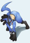 anthro biped black_body blue_body butt fur male red_eyes solo tail tan_body tan_fur agitype01 nintendo pokemon generation_4_pokemon lucario pokemon_(species) hi_res