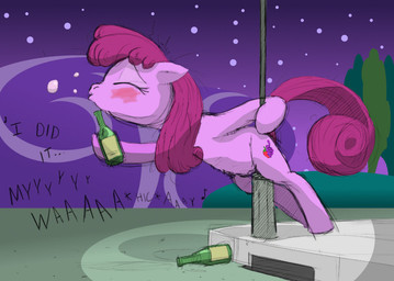 alcohol beverage bottle container cutie_mark detailed_background drunk female feral lamp lantern singing solo substance_intoxication tail toony unknown_artist friendship_is_magic hasbro my_little_pony berry_punch_(mlp) earth_pony equid equine horse mammal pony