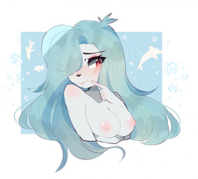 anthro blue_hair blush breasts eyelashes female fur hair nipples nude red_eyes solo split_form white_body white_fur fredek666 autumn_rhapsody aquatic mammal merfolk pinniped seal digital_media_(artwork) half-length_portrait portrait