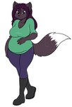 5_fingers anthro belly big_belly big_breasts black_body black_fur black_nose boots bottomwear breasts clothing dipstick_tail female fingers footwear fur hair humanoid_hands markings pants pregnant pregnant_anthro pregnant_female purple_eyes purple_hair shirt shoes smile solo standing tail tail_markings topwear skidd the_servant_omen mirasuke_inhara canid canine fox mammal 2017