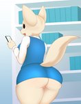 anthro big_breasts big_butt breasts butt cellphone clothed clothing electronics female holding_cellphone holding_object holding_phone inside open_mouth panties panty_shot partially_visible_underwear phone rear_view smile solo standing thick_thighs tongue underwear wide_hips huwon aggretsuko sanrio fenneko canid canine fennec_fox fox mammal true_fox absurd_res hi_res