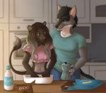 anthro bake cake cheek_piercing cooking dessert ear_piercing female food furniture heterochromia kitchen love piercing romantic romantic_couple table silenthowl tiramisu canid canine canis felid lion mammal pantherine wolf absurd_res hi_res