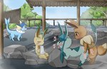 all_fours blush bodily_fluids cum cum_in_pussy cum_inside detailed_background doggystyle eevee eeveelution female feral from_behind_position generation_1_pokemon generation_4_pokemon genital_fluids genitals glaceon group hot_spring koorinezumi leafeon looking_pleasured male male/female male_penetrating nintendo nude penetration penis pokemon pokemon_(species) sex tail vaginal vaginal_penetration vaporeon water