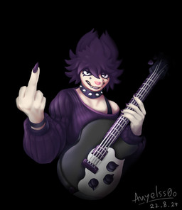 anthro bass_guitar claws clothed clothing collar eyelashes facial_piercing female furgonomic_piercing furgonomics gesture guitar hair hand_gesture looking_at_viewer middle_finger musical_instrument muzzle_piercing nose_piercing piercing pink_nose plucked_string_instrument purple_clothing purple_hair purple_sweater purple_topwear shirt showing_teeth solo spiked_collar spikes string_instrument sweater tank_top topwear anjel0o anyelss0o american_opossum mammal marsupial virginia_opossum absurd_res digital_media_(artwork) hi_res