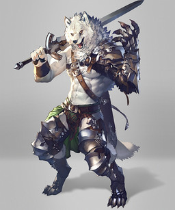 4_toes 5_fingers abs anthro armor belt biped black_nose clothed clothing digitigrade feet fingers fur gauntlets gloves greaves grey_background handwear holding_melee_weapon holding_object holding_sword holding_weapon legwear looking_at_viewer male melee_weapon muscular muscular_anthro muscular_male navel open_mouth pecs pink_tongue simple_background solo standing sword teeth toes tongue weapon white_body white_fur yellow_eyes afd-yred koutanagamori canid canine canis mammal wolf 2015 5:6 digital_media_(artwork) hi_res