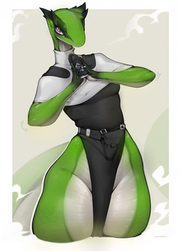anthro biped bottomless bottomwear breasts clothed clothing cross-popping_vein female fingers glistening glistening_body green_body loincloth looking_at_viewer mouth_closed multicolored_body non-mammal_breasts pupils purple_eyes scales simple_background small_breasts solo topwear white_body onm11 deadlock_(game) valve vyper_(deadlock) reptile scalie hi_res