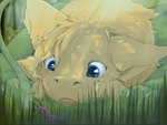 4_ears ambiguous_gender anthro big_eyes blue_eyes claws close-up crouching fluffy fur grass light light_beam low-angle_view multi_ear open_mouth plant solo sunbeam sunlight wide_nose worm's-eye_view yellow_body yellow_fur circa arthropod chimera insect absurd_res hi_res