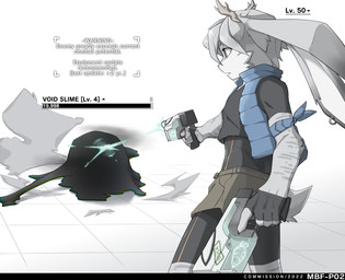 anthro attack blue_eyes carrot clothing dialogue duo dust_cloud ear_piercing food fur gameplay_mechanics grey_body grey_fur gui gun health_bar health_points horn kerchief laser level_difference level_number long_ears male piercing plant ranged_weapon ring shirt short simple_background text topwear vegetable vest weapon white_body white_fur mbf-p02 deer felid feline goo_creature hybrid lagomorph leporid lynx mammal rabbit 2022 english_text hi_res