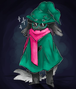 black_body black_fur clothing eyewear fangs fur glasses green_clothing green_hat green_headwear hat headgear headwear long_ears male scarf solo sparkles teeth fishmum deltarune undertale_(series) ralsei bovid caprine darkner goat mammal 2018 hi_res