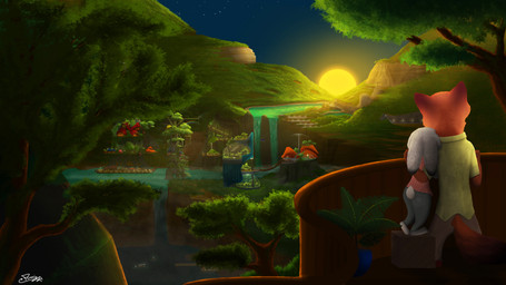 anthro barefoot bottomwear building cliff clothed clothing detailed_background dipstick_ears duo ear_markings feet fully_clothed fur grey_body grey_fur light multicolored_ears orange_body orange_fur outside pants plant scut_tail shirt short_tail sky sunset tail topwear tree water waterfall fcotriggs disney zootopia judy_hopps nick_wilde canid canine fox lagomorph leporid mammal rabbit red_fox true_fox 16:9 hi_res lighting widescreen