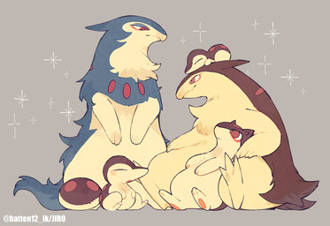 ambiguous_gender blue_body blue_fur brown_body brown_eyes brown_fur carrying_another evolutionary_family eyes_closed feral fur group lying multicolored_body on_front on_head open_mouth pawpads paws red_eyes simple_background sitting size_difference sparkles two_tone_body yellow_body yellow_fur batten12 nintendo pokemon cyndaquil generation_2_pokemon generation_8_pokemon hisuian_form hisuian_typhlosion pokemon_(species) quilava regional_form_(pokemon) shiny_pokemon typhlosion 2026 hi_res signature