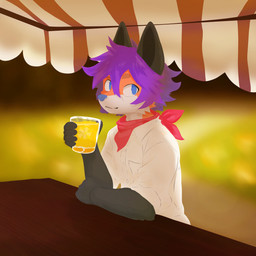 alcohol anthro beer beverage black_body black_fur blue_eyes blue_nose clothed clothing container cup fingers fur furniture glass hair holding_object ice kerchief looking_at_viewer male multicolored_body multicolored_fur neckerchief neckwear orange_body orange_fur purple_hair red_kerchief red_neckerchief shirt simple_background sitting smile solo table topwear white_body white_clothing white_fur white_shirt white_topwear k441z canid canine fox mammal 1:1 hi_res