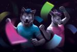 5_fingers anthro black_nose blue_hair clothed clothing duo eyes_closed fingers glowstick glowsticking glowstringing hair male open_mouth poi rave smile teeth tongue goldendruid canid canine canis kangaroo macropod mammal marsupial wolf 2019 digital_media_(artwork) hi_res