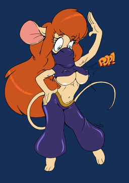 anthro barefoot belly_dancer belly_dancer_outfit breast_expansion breasts clothing erect_nipples expansion feet female hair harem_outfit long_tail nipple_outline nipples red_hair simple_background solo sound_effects surprised tail torn_clothing veil kandlin chip_'n_dale_rescue_rangers disney gadget_hackwrench mammal mouse murid murine rodent alpha_channel hi_res source_request