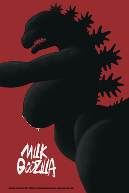 anthro belly big_breasts bodily_fluids breasts female lactating leaking_milk milk parody poster sharp_teeth solo teeth text thick_thighs arttukorppu godzilla_(series) toho godzilla kaiju hi_res