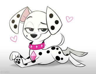black_body black_fur black_nose black_spots collar eyelashes female feral fur looking_at_viewer lying markings pawpads paws simple_background smile solo sploot spots spotted_body spotted_fur studded_collar studs toony white_body white_fur higglytownhero 101_dalmatian_street 101_dalmatians disney dallas_(101_dalmatians) triple_d_(101_dalmatians) canid canine canis dalmatian domestic_dog mammal young_(lore)