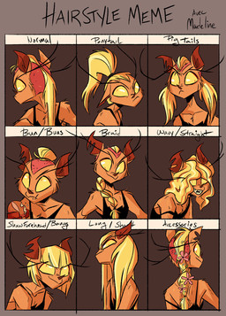 annoyed anthro blonde_hair braided_hair braided_ponytail clothed clothing eyebrows female flat_chested frown fur hair hair_bun happy long_eyebrows long_hair mohawk mullet multiple_angles orange_body orange_fur pigtails ponytail pose shaved_sides short_hair simple_background skinny skinny_anthro skinny_female slim smile solo text fluttershythekind mythology madeline_gevaudan canid canine mammal mythological_canine mythological_creature werecanid werecanine werecreature werewolf english_text hi_res meme