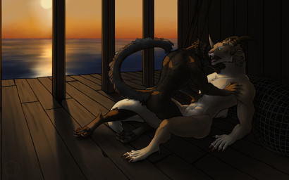 anthro claws docks duo fangs female female/female finger_claws fur hair hand_on_chest horn lying multi_ear muscular nibbling nude nuzzling on_back open_mouth pawpads sunset teeth water artyomska guild_wars charr felid feline mammal 16:10 absurd_res digital_media_(artwork) hi_res widescreen