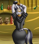 2022 anthro anthrofied blue_eyes bottle breasts butt butt_pose clothing container digital_media_(artwork) dress ear_piercing ear_ring equid equine female friendship_is_magic gold_(metal) grey_body grey_stripes hasbro hi_res hoodie jewelry looking_back mammal mohawk my_little_pony piercing pose potion_bottle raised_arms rear_view ring ring_piercing smile solo stripes topwear zachc zebra zecora_(mlp)