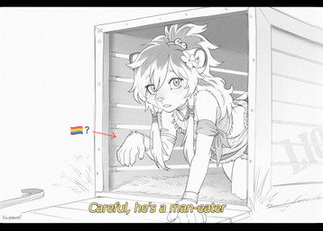 accessory adolescent anthro armband caption claws clothed clothing crossdressing crossdressing_male femboy finger_claws hair_accessory hairband jewelry kemono limp_wrist looking_at_viewer male necklace pride_color_flag solo text young young_anthro young_male koiyaroid pride_flag_question_mark femboy_lion_(koiyaroid) felid lion mammal pantherine 2026 english_text hi_res