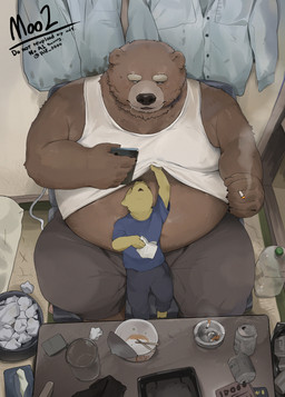 anthro belly big_belly book bottomwear brown_body brown_fur cellphone clothing detailed_background duo electronics fur inside kemono male male/male overweight overweight_male pants phone shirt sitting size_difference smartphone smoking topwear moo2 bear canid canine canis domestic_dog mammal 2025 absurd_res hi_res