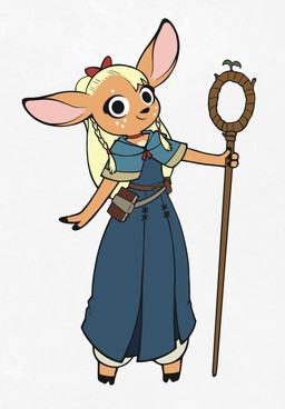 accessory anthro belt belt_buckle belt_pouch black_eyes blonde_hair book bow_ribbon braided_hair buckle clothing cosplay dress female freckled_face freckles hair hair_accessory hair_bow hair_ribbon hoof_hands hooves long_hair ribbons simple_background staff textured_background white_chest caffeinerabbit delicious_in_dungeon daphne_(caffeinerabbit) marcille_donato deer mammal absurd_res hi_res