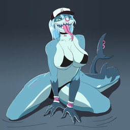 anthro big_breasts bikini black_bikini black_clothing black_swimwear breasts clothing facial_piercing female freckles furgonomic_piercing furgonomics hair huge_breasts long_tongue nose_piercing piercing ponytail pose sharp_teeth smile solo swimwear teeth tongue two-piece_swimsuit shaky_snaky jawlene_(herny) aquatic fish shark 1:1 absurd_res hi_res