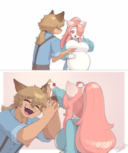 angry anthro breast_touch clothed clothing duo ear_grab female fully_clothed hair long_hair male male/female ponytail pregnant pregnant_female romantic romantic_couple skecchiart cyberconnect2 fuga:_melodies_of_steel little_tail_bronx hanna_fondant malt_marzipan canid caninu felid felineko mammal comic hi_res