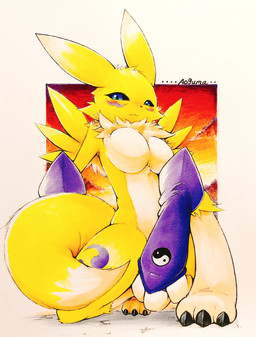 anthro armwear big_breasts big_ears black_sclera blue_eyes blush breasts bridal_gauntlets clothing covering covering_crotch covering_self detailed_background dipstick_ears ear_markings featureless_breasts female fur kneeling looking_at_viewer multicolored_ears on_one_knee pose sky smile smiling_at_viewer solo sunset tail tuft white_body white_fur yellow_body yellow_fur aoguma bandai_namco digimon canid digimon_(species) mammal renamon hi_res pinup