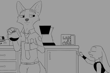 anthro badge beverage break_room cabinet clothing coffee container cup dessert doughnut drawer duo female food gesture grey_background hand_gesture male mug necktie pastry pointing simple_background smug tired uniform a-signature disney zootopia judy_hopps nick_wilde canid canine fox lagomorph leporid mammal rabbit red_fox true_fox 3:2 monochrome sketch