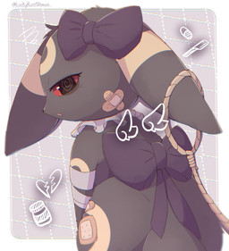 accessory ambiguous_gender back_wings bandage bandage_on_face black_body black_fur black_ribbon black_tail blade broken_heart_symbol clothing drugs eye_bags feral fur noose open_mouth pills red_eyes ribbons simple_background solo tail wings luckyrumi nintendo pokemon eeveelution generation_2_pokemon pokemon_(species) umbreon digital_media_(artwork)