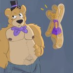 anthro beard bow_tie clothing duo facial_hair fur hat headgear headwear male purple_clothing top_hat yellow_body yellow_fur palister35 five_nights_at_freddy's scottgames fredbear_(fnaf) spring_bonnie_(fnaf) lagomorph leporid mammal rabbit 1:1 hi_res