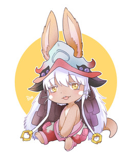 4_toes ambiguous_gender anthro bottomwear clothed clothing ears_up feet hair headgear headwear long_hair looking_at_viewer open_mouth pants simple_background sitting solo tail text toes topless topless_anthro white_background white_hair yellow_eyes zrae made_in_abyss nanachi narehate 2017 artist_name hi_res