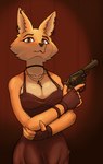 anthro big_breasts black_choker black_jewelry black_necklace black_nose breasts brown_clothing brown_dress brown_eyes brown_gloves brown_handwear choker cleavage clothed clothing cross cross_necklace crossed_arms dress ear_piercing ear_ring facial_piercing female fingerless_gloves fur gloves gun handgun handwear holding_gun holding_handgun holding_object holding_ranged_weapon holding_revolver holding_weapon jewelry looking_at_viewer necklace nose_piercing nose_ring orange_body orange_fur piercing pupils ranged_weapon revolver ring_piercing solo tan_body tan_fur tan_inner_ear weapon looongearscat liar's_bar foxy_(liar's_bar) canid canine fox mammal hi_res