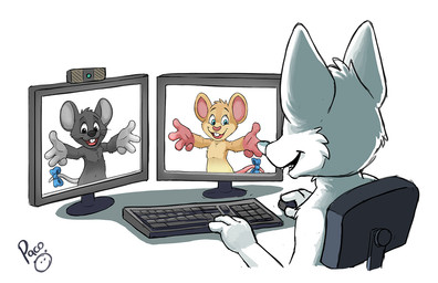 accessory anthro blue_eyes bow_ribbon chest_tuft computer_mouse electronics fur furgonomics gloves_(marking) grey_body grey_fur group head_tuft logo male markings monitor nude open_mouth open_smile pink_inner_ear ribbons sitting smile tail tail_accessory tail_bow tail_ribbon tan_body tan_fur trio tuft whiskers white_body white_fur young young_anthro young_male pandapaco canid canine mammal mouse murid murine rodent artist_logo signature