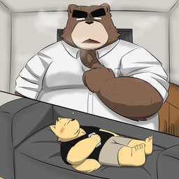 anthro bodily_fluids bottomwear brown_body clothing duo eyes_closed furniture kemono lying male musk overweight overweight_male shirt shorts sleeping sofa sweat topwear kogure_1212 bear canid canine canis domestic_dog mammal 1:1 2025