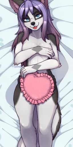5_fingers anthro athletic black_body black_fur black_nose blep blue_eyes female fingers fur grey_body grey_fur hair heart_pillow looking_at_viewer lying on_back pillow purple_hair smile solo tongue tongue_out white_body white_fur stefano_d'angelo diamond_(valor-force) canid canine canis domestic_dog husky mammal nordic_sled_dog spitz