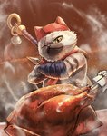 arm_wraps bell clothed clothing facial_scar food fur male meat melee_weapon scar solo sword tan_body tan_fur turkey_meat weapon whiskers wraps yellow_eyes kuroi_susumu capcom monster_hunter meowscular_chef felid feline felyne lynian mammal palico hi_res