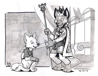 anthro barefoot cape cheek_tuft closed_smile clothed clothing duo facial_tuft feet glistening glistening_eyes happy holding_melee_weapon holding_object holding_sword holding_weapon inside kneeling logo male melee_weapon mouth_closed open_mouth open_smile smile sword tuft weapon young young_anthro young_male pandapaco canid canine mammal 2016 artist_logo dated monochrome signature