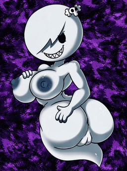 big_breasts big_butt breasts butt female genitals grin hair hand_on_breast hand_on_butt looking_at_viewer looking_back nipples not_furry nude seductive smile solo teeth text thick_thighs vulva white_vulva wide_hips ghostlydoodles spookyryder cartoon_network the_amazing_world_of_gumball carrie_krueger ghost humanoid mammal spirit english_text hi_res