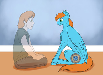 5_fingers after_transformation ambiguous_gender blue_body blue_feathers blue_fur blue_hooves blue_wings bottomwear brown_bottomwear brown_clothing brown_pants caucasian clothing crossed_legs cutie_mark duo feathered_wings feathers feral fetlocks fingers fur green_clothing green_eyes green_shirt green_topwear hair hands_on_knees hands_on_legs hooves human_to_feral male mane on_haunches orange_hair orange_mane orange_tail pants shirt sitting species_transformation symbolic symbolism t-shirt tail topwear transformation translucent translucent_body wings foxenawolf hasbro my_little_pony mythology cardinal_shield_(swordfox) james_carter_(swordfox) equid equine human mammal mythological_creature mythological_equine pegasus 2026 absurd_res digital_drawing_(artwork) digital_media_(artwork) flat_colors hi_res
