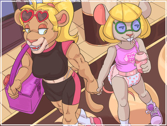 anthro athletic_wear bag beverage black_outfit blonde_hair bored bottle bottomwear clothing container diaper duo exhibitionism exposed_diaper eyewear eyewear_on_head female footwear fur glasses grey_body grey_fur gym_bottomwear gym_shorts hair hand_holding inside mall midriff pink_outfit shoes shorts smile smoothie sneakers sunglasses sunglasses_on_head tan_body tan_fur wearing_sunglasses yellow_eyes paddedulf catherine_(paddedulf) elizabeth_(paddedulf) felid lion mammal mouse murid murine pantherine rodent absurd_res hi_res