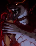 anthro black_collar bodily_fluids brown_body brown_fur cheek_tuft collar duo ears_back eyewear facial_tuft fangs fur glasses glowing_pupils gradient_background holding_another imminent_vore male neck_tuft open_mouth orange_eyes pivoted_ears red_backlighting saliva saliva_string simple_background size_difference teeth tuft white_body white_fur riorix canid canine mammal 2023 dated hi_res