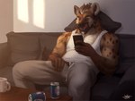 2023 4:3 alcohol anthro beard beer beverage beverage_can biceps bulge cellphone clothed clothing coffee_mug detailed_background drawstring electronics erection erection_under_clothing facial_hair fondling fondling_self furniture genitals hair hand_on_penis hi_res holding_object holding_phone hyena inside jaykat licking licking_lips male mammal manly mature_male muscular on_sofa open_mouth pecs penis phone pillow self_fondle shirt sitting smartphone smile sofa solo spotted_hyena sweatpants tank_top tongue tongue_out topwear triceps white_clothing white_shirt white_tank_top white_topwear