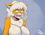 angry anthro big_breasts blue_eyes breasts choker featureless_breasts female fluffy fur huge_breasts jewelry necklace orange_body orange_fur pink_nose solo whiskers stogiegoatarts domestic_cat felid feline felis mammal bust_portrait digital_media_(artwork) meme portrait