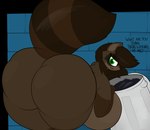 anthro big_breasts big_butt breasts brown_body brown_fur brown_hair brown_tail butt butt_focus female fluffy fluffy_tail fur hair huge_butt solo tail text toony trash_bag trash_can wide_hips raccoonuki raquel_(raccoonuki) canid canine hybrid mammal procyonid raccoon raccoon_dog tanuki absurd_res alpha_channel english_text hi_res