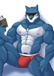 abs anthro bulge clothing dog_tags eyewear eyewear_on_head male muscular muscular_anthro muscular_male nipples pecs pubes solo sunglasses sunglasses_on_head underwear shinobiya bandai_namco digimon digimon_(species) machgaogamon absurd_res hi_res