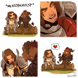 anthro armor blush brown_body brown_fur brown_hair chibi duo eating eyes_closed fangs food fur hair heart_symbol horn human_on_anthro humor interspecies log male male/male meat red_hair sausage teeth text wood nyuudles guild_wars logan_thackeray rytlock_brimstone charr felid human mammal 1:1 absurd_res english_text hi_res