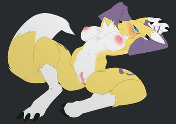 anthro anus black_background blue_eyes blush breasts female fur genitals hands_behind_head lying nipples on_back simple_background solo spread_legs spreading text vulva white_body white_fur yellow_body yellow_fur ilp0 bandai_namco digimon canid digimon_(species) mammal renamon hi_res url